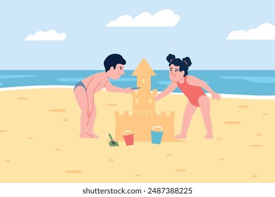 Pequeños amigos en la playa. Muchacha linda que construye castillos de arena juntos. Los niños pequeños juegan en la playa. Vacaciones de verano, Ocio de temporada en el mar escena de Vector reciente