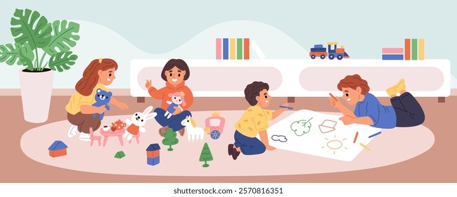 Little friends playing in room. Kids activities. Boys and girls in kindergarten draw and play with toys. Nursery playground. Teenagers on carpet. Playroom games. Garish