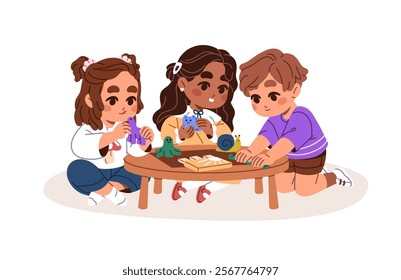 Little friends sculpt figures from plasticine on the table. Cute kids develop fine motor skills in art class. Happy children create from clay. Flat isolated vector illustration on white background