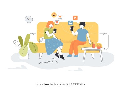 Little friends sitting on home sofa with mobile phones. Happy boy and girl using gadgets flat vector illustration. Problem of internet addiction concept for banner, website design or landing web page