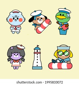Little Friends Summer Costume Doodle Illustration Set Premium Vector