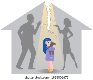 Little Frightened Girl Are Watching Her Parents Shouting And Quarrelling. Violence In A Family Concept Banner Flyer Or Landing Page.Angry Parents. Wrong Education, Children Psychological Trauma.