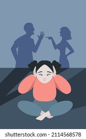 Little frightened girls are suffering her parents shouting and quarrelling. Violence in a family concept banner flyer or landing page.Angry parents. Wrong education, children psychological trauma.