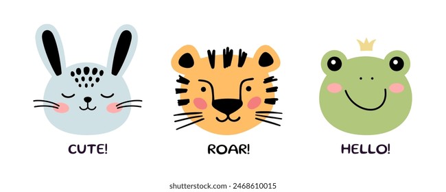 Little frog, bunny, tiger heads in doodle style. Cartoon Bohemian nursery print. Children drawing. Vector illustration.