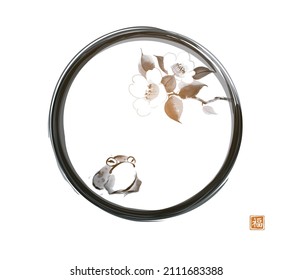 Little frog and  camelia flowers in black enso zen circle on white background. Traditional oriental ink painting sumi-e, u-sin, go-hua. Translation of hieroglyph - zen