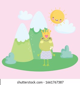 little frog with crown and dress mountains nature cartoon cute vector illustration