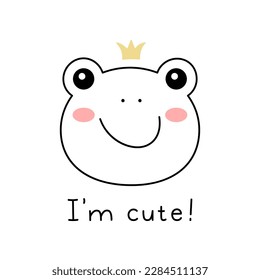 Little Frog face doodle style. Hand drawn illustration with cute cartoon Toad with crown and lettering. Kids design frog muzzle. Vector illustration isolated on white