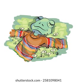 the little frog lies on the grass. conceptual illustration. rest among flowers. for the design of sketchbooks, postcards.