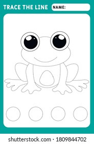 little Frog. Preschool worksheet for practicing fine motor skills - tracing dashed lines. Tracing Worksheet. Illustration and vector outline - A4 paper ready to print.