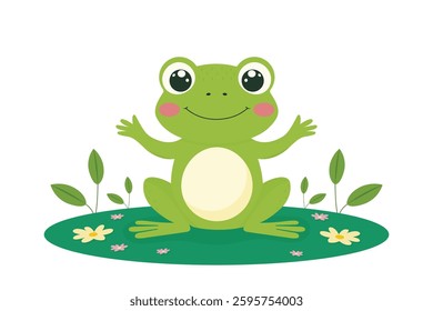 A little frog sitting on a lily pad flat vector illustration isolated on a white background.