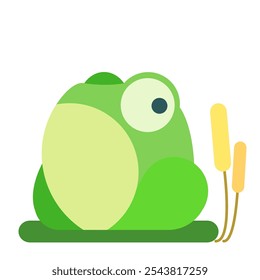 a little frogy sitting peacefully on a lily pad, looking at bulrush.