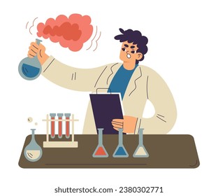 Little Frown Boy Chemist and Scientist with Flask and Clipboard in Chemistry Lab Doing Scientific Experiment Having Failure Vector Illustration