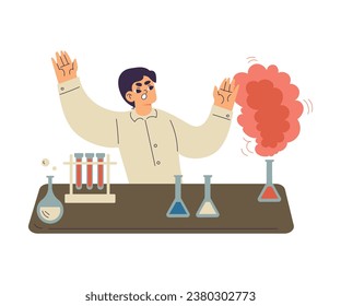 Little Frown Boy Chemist and Scientist with Flask in Chemistry Lab Doing Scientific Experiment with Failure Vector Illustration