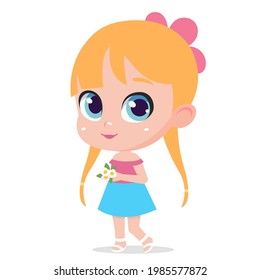 little fun romantic girl with bouquet chamomile flowers. Pretty Kid in summer clothes blue skirt, pink blouse and sandals. Cute Vector character cartoon illustration child isolated on white background