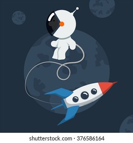 Little funny astronaut floated in space with rocket. Flat style vector illustration.