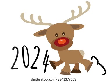 Little funny baby cartoon reindeer supporting number nine in numeric year and kicking number eight, pour feliciter 2024 graphic