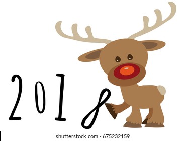 Little funny baby cartoon reindeer supporting number eight in numeric year, pour feliciter 2018 graphic