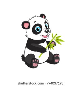 Little Funny Bear Panda Vector Image On A White Background. Cartoon Panda Eats Bamboo Branch Vector Illustration. Panda Bear Costume.