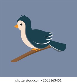 Little funny bird sits on a branch. Cartoon character. Simple flat vector illustration.