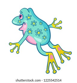 Little funny blue frog with flowers on the back is jumping.  In cartoon style. Isolated on a white background.