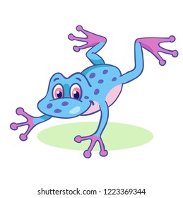 Little funny blue frog is jumping.  In cartoon style.
Isolated on a white background. Vector illustration.