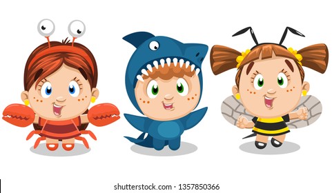 Little funny boy and girls dressed like bee, crab, crawfish, shark. Children`s entertainment, carnival, costume party, drama, theatre school. Cartoon set isolated on white background.