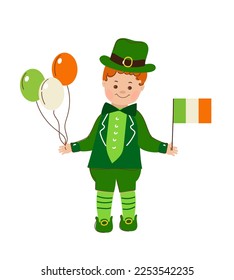 Little funny Boy in Irish costumes holds an Irish flag and colorful balloons in his hands. St. Patrick's Day. Vector doodle cartoon set illustration.