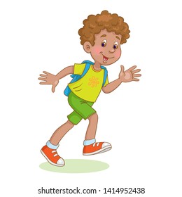 Little funny boy runs to school with a backpack.  In cartoon style. Isolated on white background.