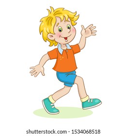 Little funny boy runs waving hands.  In cartoon style. Isolated on white background. Vector illustration.