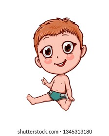 Little funny boy sitting and waving his hand. Smiling cartoon child with blonde hair in chibi ot anime style. Vector picture suitable for design of sticker, illustration for children's magazine 