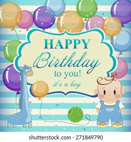 Little funny boy with toys and balloons. Birthday card for boy h