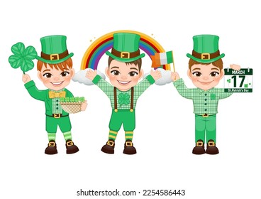 Little funny boys set in Irish costumes holding an Irish flag and calendar, clover leaves and standing front of rainbow. St. Patrick s Day Vector