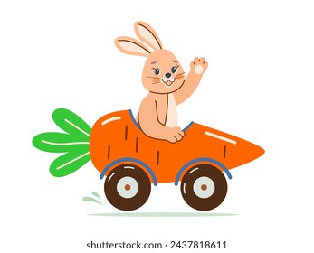 Little funny bunny rides a car in shape of ripe carrot and waves greeting with its paw. Cute vector children's Easter illustration on white isolated background in cartoon style.