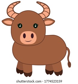 Little funny calf on white background. Cartoon illustration. Astrological sign in the zodiac Taurus. Isolated vector for mobile app, sticker, greeting card, site.