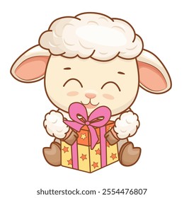 Little funny cartoon baby sheep sitting and hugging gift flat style illustration. Vector illustration for poster, greeting card and children's design.