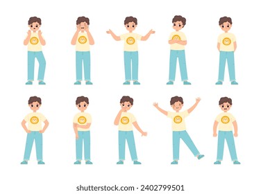 Little funny cartoon boy expressions. Sad and happy, confident and embarrassment emotions. Cute toddler crying and has question, snugly vector character
