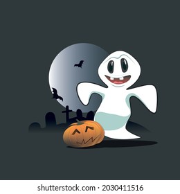 little funny cartoon ghos, halloween vector illustration