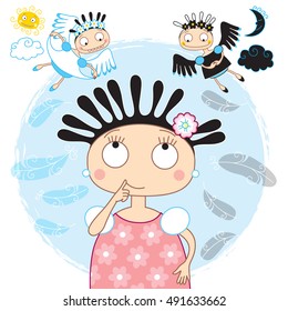 Little funny cartoon girl with Angel and Demon