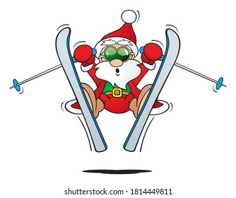 little funny cartoon santa claus jumping into the ski season