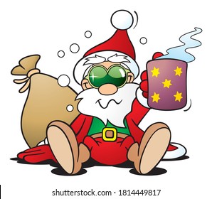 little funny cartoon santa with sunglasses and gift sack toasting to everyone with a cup of hot wine punch
