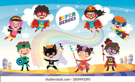 Little Funny Cartoon Superheroes Posing