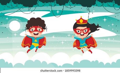 Little Funny Cartoon Superheroes Posing
