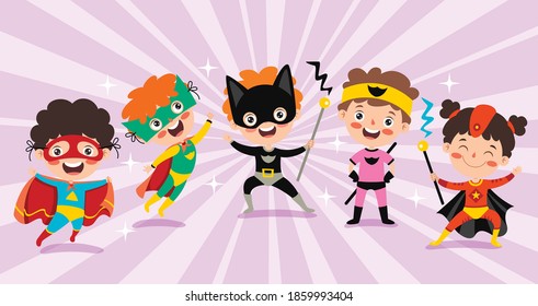 Little Funny Cartoon Superheroes Posing
