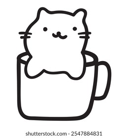 Little funny cat sitting in a coffee cup. Vector outline design. Black color. Isolated icon. Illustration on white background.