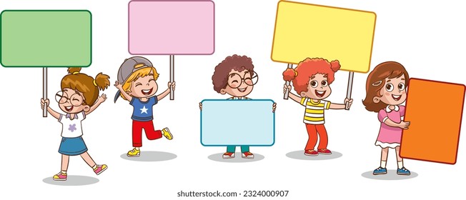 little Funny Children Holding Blank Placard vector