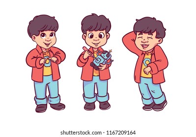 little funny cute boy loving to create robots
