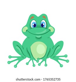 Little funny cute frog is sitting. In cartoon style. Isolated on white background. Vector flat illustration.