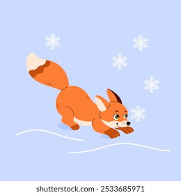 Little funny cute red fox baby playing with snowflakes. Cute vector winter children's illustration for gift wrapping, cards, birthday invitations, photo album design and decoration in cartoon style.