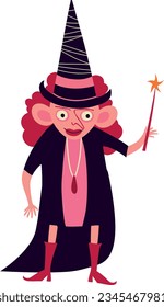 Little funny cute witch with magic stick. Halloween character. Cartoon illustration for Halloween,