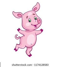 Little funny dancing piglet. In cartoon style. Isolated on white background.